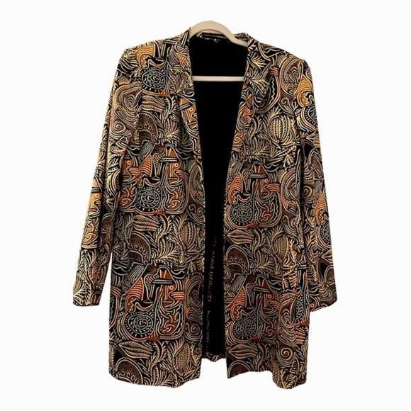LINDA ALLARD ELLEN TRACY, long blazer, 14, retro 70s 80s era, abstract print. - Picture 1 of 10